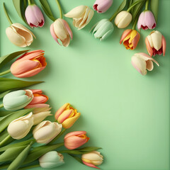 Women's Day concept. Top view photo of bunches of fresh flowers tulips on isolated pastel green background with copyspace Generative AI