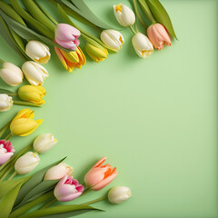 Women's Day concept. Top view photo of bunches of fresh flowers tulips on isolated pastel green background with copyspace Generative AI