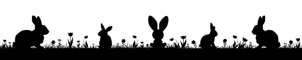 Silhouette of rabbits în a field  isolated on transparent background. Easter concept.