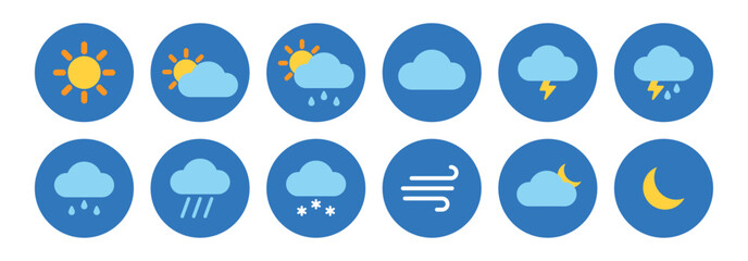 Set of 12 basic weather icons. Can be used for web, apps, stickers. Isolated vector. PNG and transparent background.