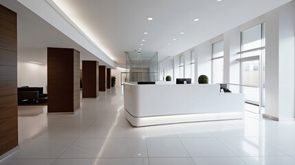 Modern office building lobby, with sleek white walls, a reception desk, and modern furniture AI Generative
