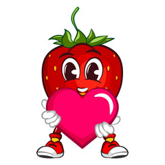 vector illustration of the mascot character of a strawberry carrying a pink heart
