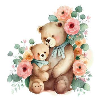 Mom and baby bear and leaves and flowers; can be used for cards or baby shower or mother's day posters; watercolor hand draw illustration; transparent background, generative ai