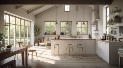 Fototapeta na wymiar Open plan kitchen interior design. Scandinavian style. Generative AI