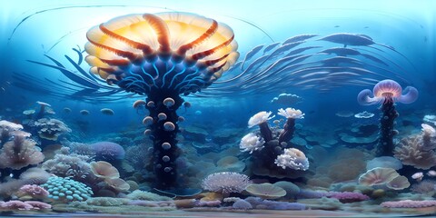 Photo of a vibrant jellyfish and other marine creatures in their underwater habitat
