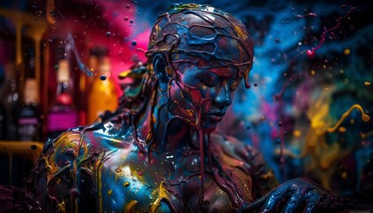 woman's upper body covered in multicolour liquids dripping down, she as a relaxed look, wallpaper 