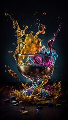 Colourful liquid jumping out of a glass, surface with some fluids, blueish background wallpaper