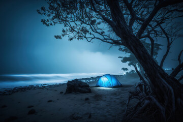 tent pitched by the lake, Generative AI