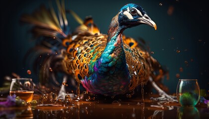 peacock in golden green blue yellow pink rosa colours, slippery surface of coloured liquids 