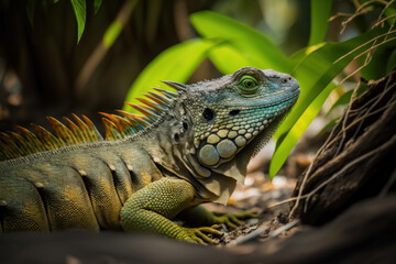Fototapeta premium Iguana walking in dense forest, Generative AI