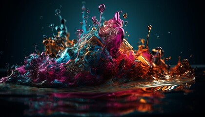 Obraz na płótnie Canvas liquid colours splash on a surface dark background, drops flying a round, liquid rainbow, wallpaper 