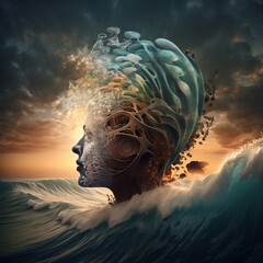human like head in the mittle of waves with a white crown on it, made of water foam, time wise looks like dawn with some clouds in sky