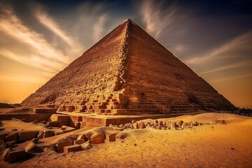 Fototapeta na wymiar Great Pyramid of Giza, Warm Golden Light, Setting Sun, Iconic Wonder, Generative AI