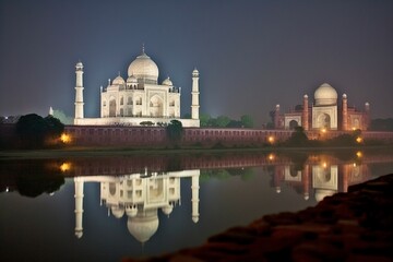 Fototapeta na wymiar Taj Mahal, Epitome of Love, Resplendent Full Moon, Iconic Wonder, Generative AI
