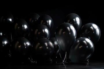 Fototapeta na wymiar Black balloons on a dark background. For greeting cards or background.