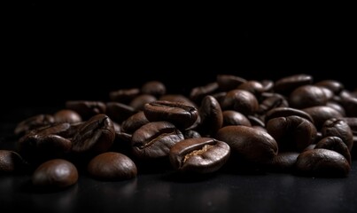  a pile of roasted coffee beans on a black surface with a dark background.  generative ai