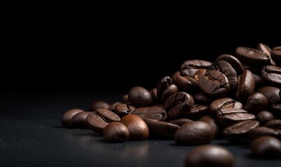  a pile of roasted coffee beans on a black surface with a dark background.  generative ai