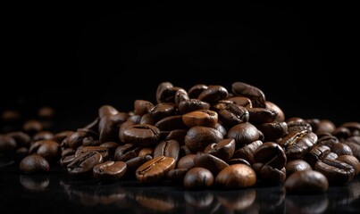  a pile of roasted coffee beans on a black surface with reflections.  generative ai