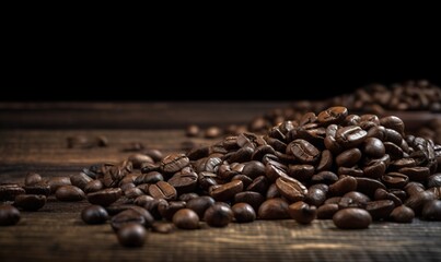  a pile of roasted coffee beans on a wooden table with a black background.  generative ai