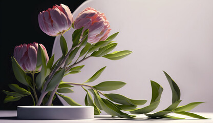 Tulips on white podium, product presentation, aesthetic modern background 3d render  