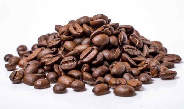  a pile of roasted coffee beans on a white surface with a white background.  generative ai