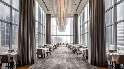 Fototapeta na wymiar Indulge in Modern Cuisine and Stunning Views at a Large Restaurant in a Skyscraper, Generative AI