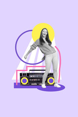 Vertical creative collage image of smiling positive female have fun boom box listen music dancing holiday prom concert performance