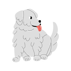 Cute grey puppy isolated on white background. Adorable fluffy little dog sitting and smiling. Happy  funny pet. Flat minimalist vector illustration. Domestic animal.