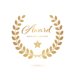 Wreath laurel. Gold icon award on white and blue background. Winner golden circle. Victory round crown. Leaf emblem. Symbol border. Branch logo. Branch with leaves. Crest badge. Vector illustration