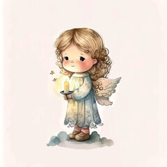 Cute Easter angel with a candle in his hands Watercolor Cartoon Christmas on white background