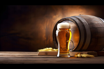 a glass of beer next to a barrel of beer 