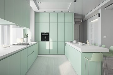 Modern, minimalist, luxury, pastel green, light green, kitchen, matte color