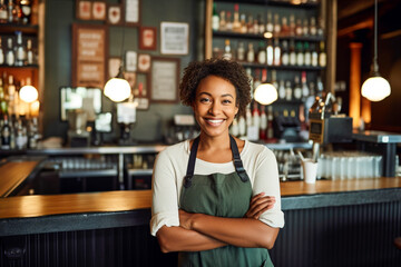 Waitress in front of the top bar looking at camera in her restaurant.