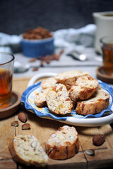 Italian cookies: almond and candied orange cantuccini (biscotti), cup of tea