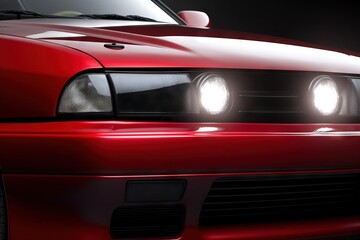  a close up of a red car with two lights on.  generative ai