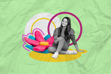 Creative abstract template collage of little child pretty girl teen have fun flower shape floriculture tender gentle 8 march gardener