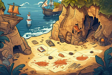 A hidden island of pirates. The real pirate's hideout for all that gold. AI generated vector illustration.