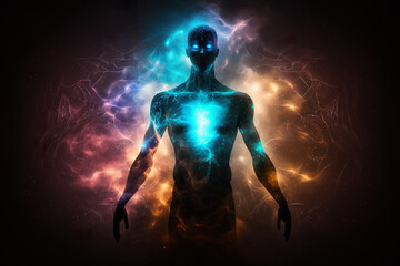 Astral body silhouette with abstract space background. Esoteric, spiritual life and meditation concept, connection with other worlds.  Generative ai