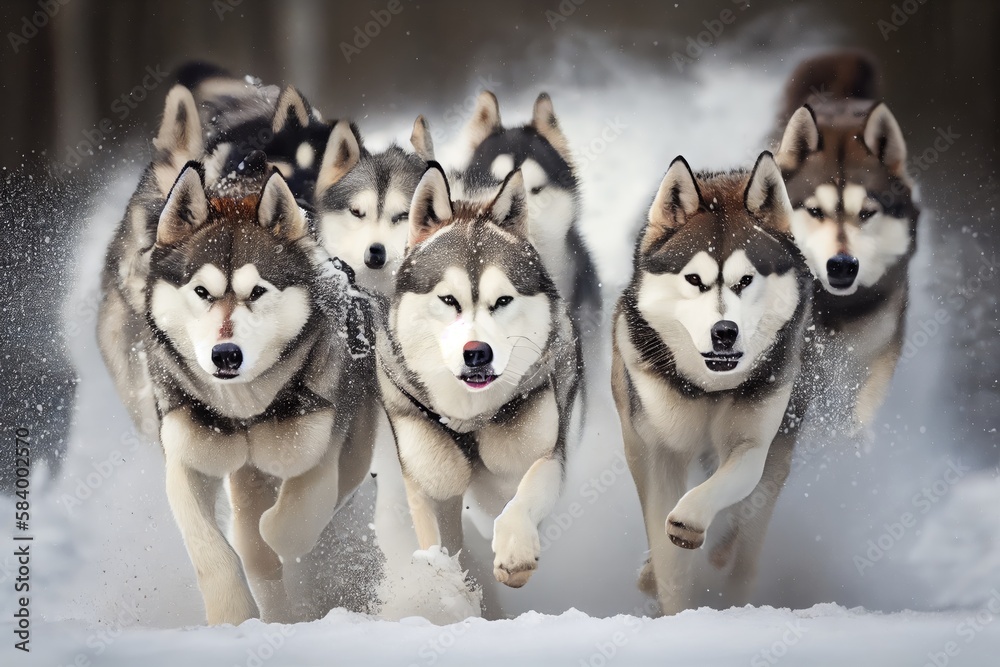 Sticker group of huskies with their heads down, running full speed through the snow, created with generative ai