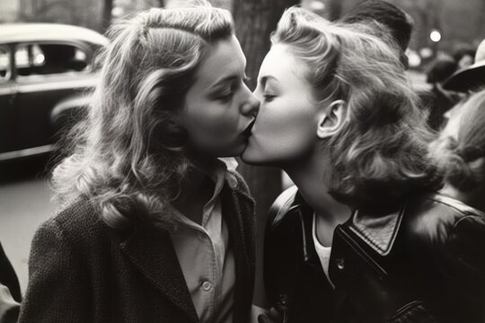 young lesbian couple kissing in the street in 1950. monochromatic vintage. This image was created with generative AI,	