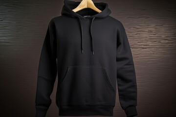  a black hoodie with a wooden hanger on it.  generative ai