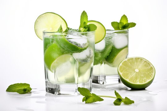  two glasses of mojito with lime and mint garnish.  generative ai