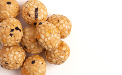 Rice Cracker Ball with Seaweed on a White Background