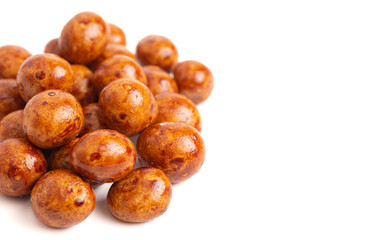 Japaneese Peanuts Coated in Crunchy Rice Cracker and Soy Sauce Isolated on White Background