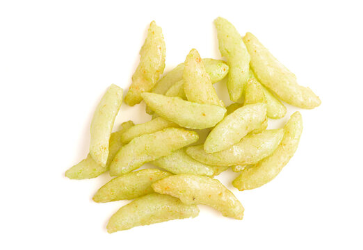 Thin Green Wasabi Rice Crackers on a White Background