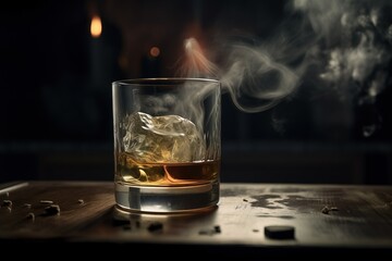  a glass of whiskey sitting on top of a wooden table.  generative ai