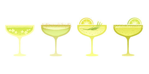 Margarita dessert glass set. Alcohol drink with lime and tarragon. Green cocktail for event and celebration. Refreshing healthy cocktail. Flat vector illustration with texture and gradient