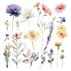 Set of meadow flowers watercolor illustration. Generative AI