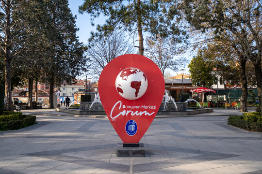 "Center of the World Corum" sign in &Ccedil;orum city park. &Ccedil;orum, Turkey - March 21, 2023.