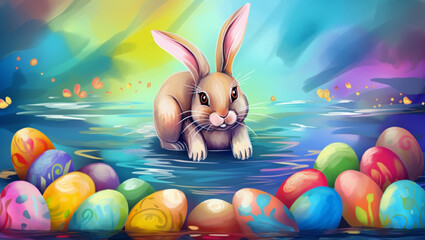 Cute Easter Bunny and Easter Eggs on Water Paint Drawing, Generative AI